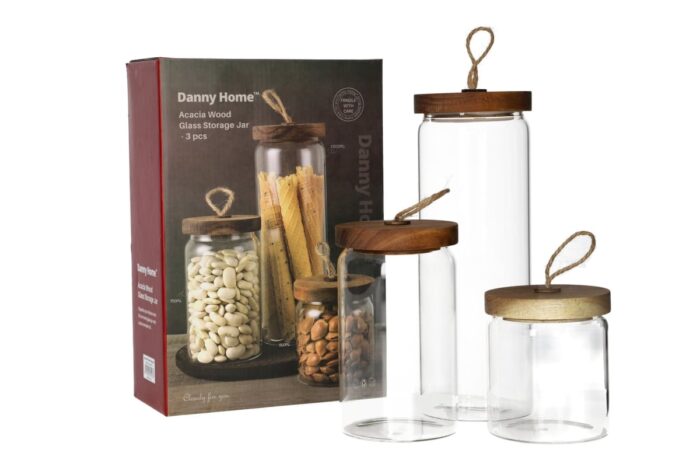 Danny Home Acacia Wood 3pc Glass Storage Jar Set - Image 2