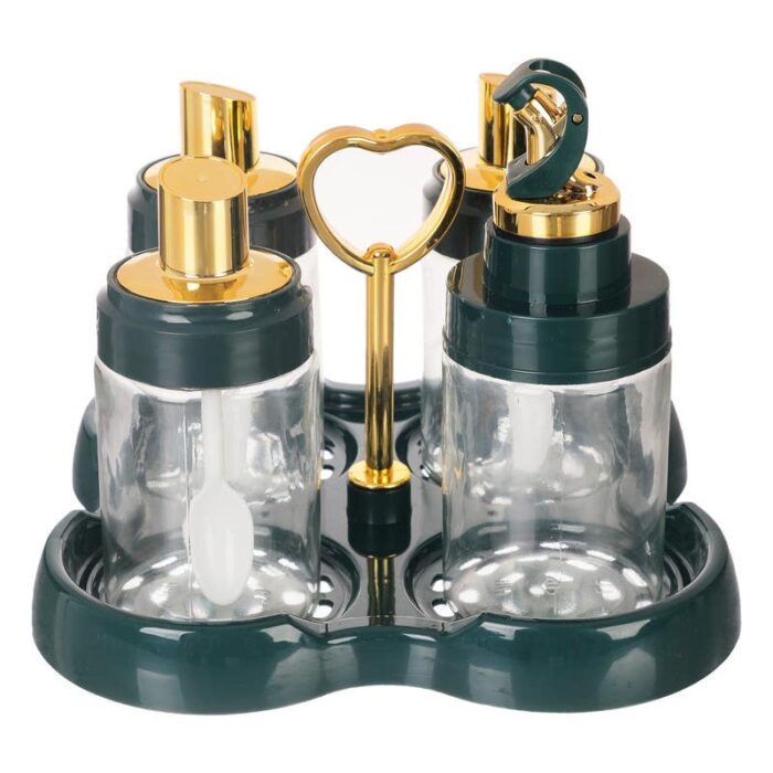Glass Spice and Jars Set, 4 Pieces,With Stand - Olive Clear