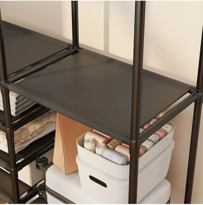 Multi-Tier Garment Cloth Rack Shelf Organizer with 2-Hanger & Hooks.Multifunctional Clothing Wardrobe and Shoe Storage Freestanding Coat Iron stand - Image 4
