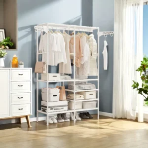 Multi-Tier Garment Cloth Rack Shelf Organizer with 2-Hanger & Hooks.Multifunctional Clothing Wardrobe and Shoe Storage Freestanding Coat Iron stand - White