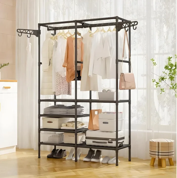 Multi-Tier Garment Cloth Rack Shelf Organizer with 2-Hanger & Hooks.Multifunctional Clothing Wardrobe and Shoe Storage Freestanding Coat Iron stand