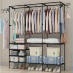 3 Rod Freestanding Metal Clothing Rack with Shelves, Black