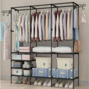 3 Rod Freestanding Metal Clothing Rack with Shelves, Black