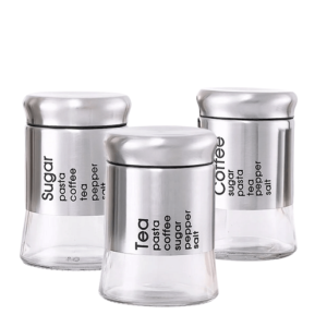 3pc Silver Glass Storage Jars w/Metal Covers
