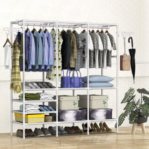 3 Rod Freestanding Metal Clothing Rack with Shelves, White