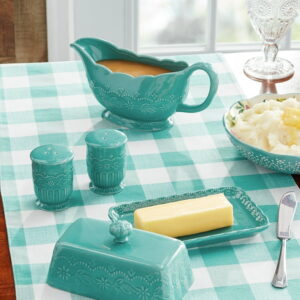 The Pioneer Woman Toni 5-Piece Stoneware Butter Dish, Gravy Boat, and Salt & Pepper Serve Set, Teal