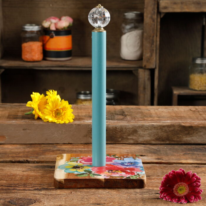 The Pioneer Woman Melody Paper Towel Holder with Clear Acrylic Knob, 13.8-inch, Acacia Wood