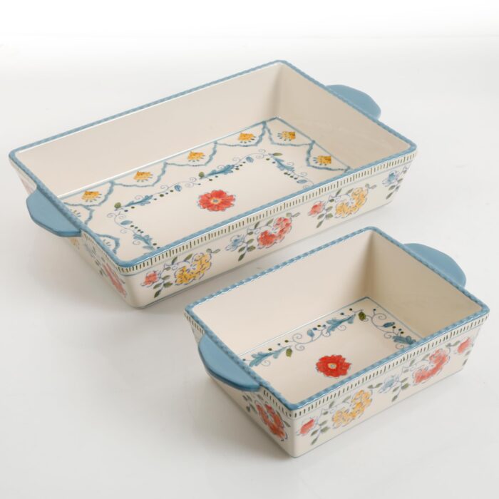 Gibson Elite Anaya 2 Piece Rectangle Stoneware Bakeware Set with Hand Painted Designs