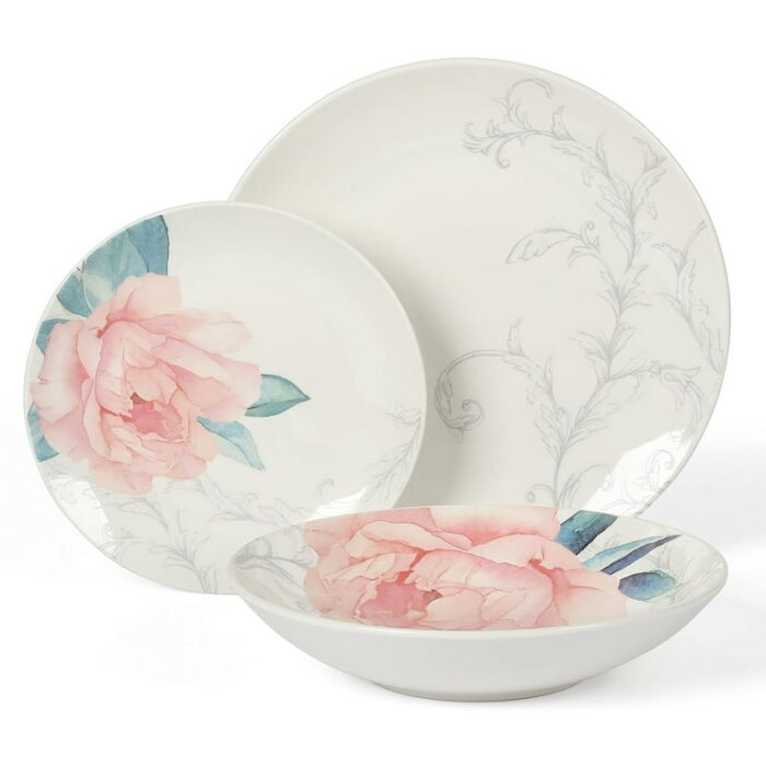 Martha Stewart Everyday Peony 12 Piece Round Fine Ceramic Dinnerware Set in White and Pink - Image 3