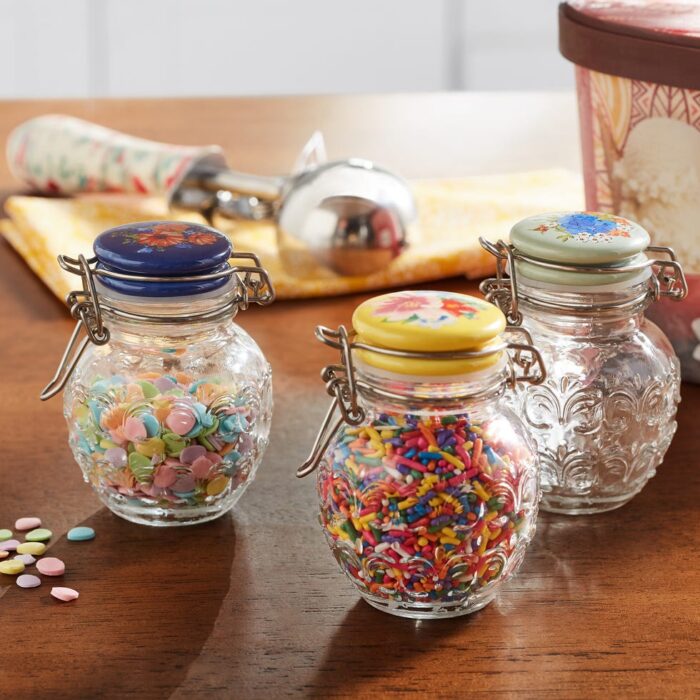 Pioneer Woman 3 pack Floral Medley Mini Clamp Jar Set 3.5" Stainless Steel Clip