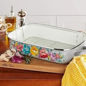 Pioneer Woman Sweet Rose 16-inch Enamel on Steel Roaster with Rack, Grey