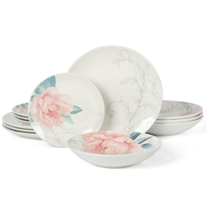 Martha Stewart Everyday Peony 12 Piece Round Fine Ceramic Dinnerware Set in White and Pink - Image 2