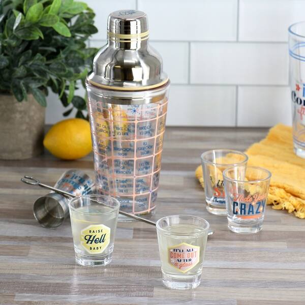 Wanda June Home Bordertown Buzz 7 Piece Glass Bar Collection with Drink Recipe Shaker Set