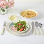 Martha Stewart Everyday Peony 12 Piece Round Fine Ceramic Dinnerware Set in White and Pink