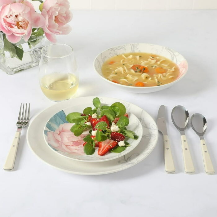 Martha Stewart Everyday Peony 12 Piece Round Fine Ceramic Dinnerware Set in White and Pink