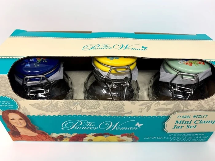 Pioneer Woman 3 pack Floral Medley Mini Clamp Jar Set 3.5" Stainless Steel Clip - Image 3