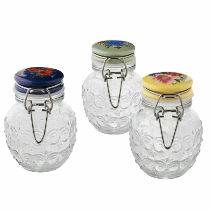 Pioneer Woman 3 pack Floral Medley Mini Clamp Jar Set 3.5" Stainless Steel Clip - Image 4