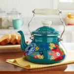 Pioneer Woman Dazzling Dahlias 2Qt Tea Kettle, Teal