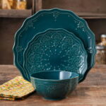 Pioneer Woman Farmhouse Lace 12pc Dinnerware Set,  Teal